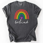 Gray t-shirt with colorful rainbow graphic and be kind text.