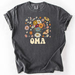 Dark gray, short-sleeve t-shirt with colorful floral design and "OMA" text.
