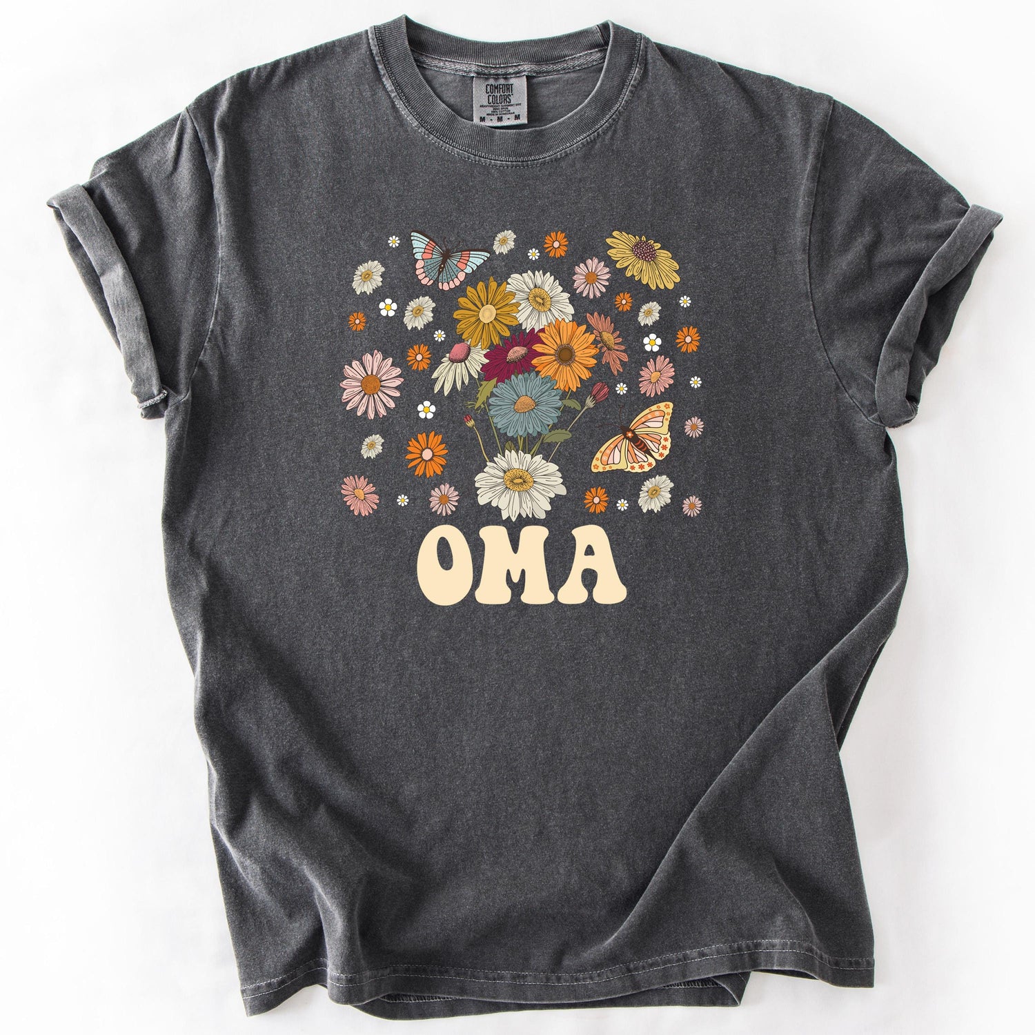 Dark gray, short-sleeve t-shirt with colorful floral design and