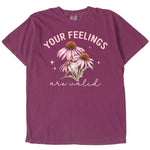 Purple graphic t-shirt featuring floral design and text Your Feelings are Valid.