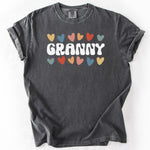Gray t-shirt with GRANNY text and colorful heart accents.