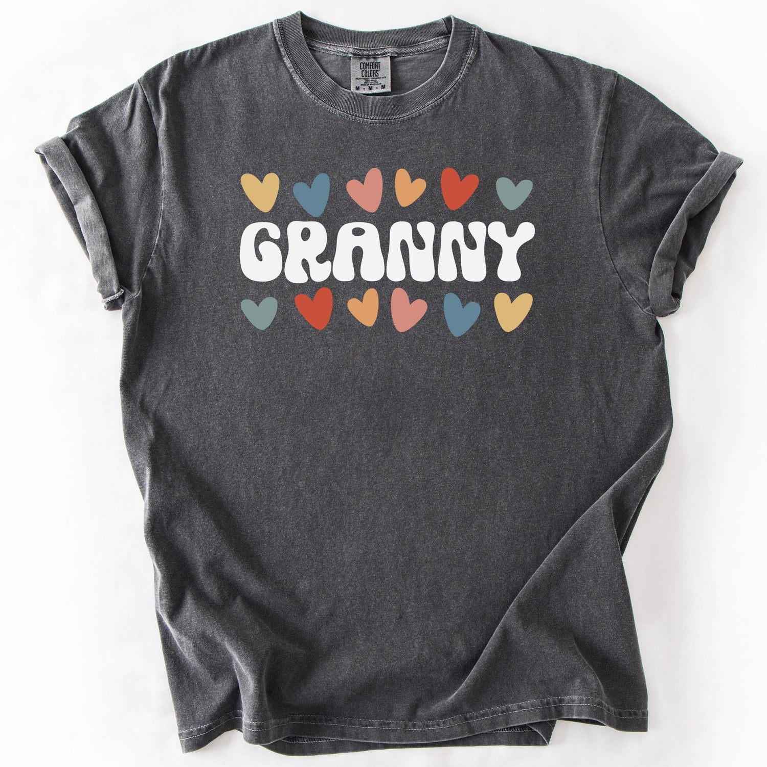 Gray t-shirt with GRANNY text and colorful heart accents.