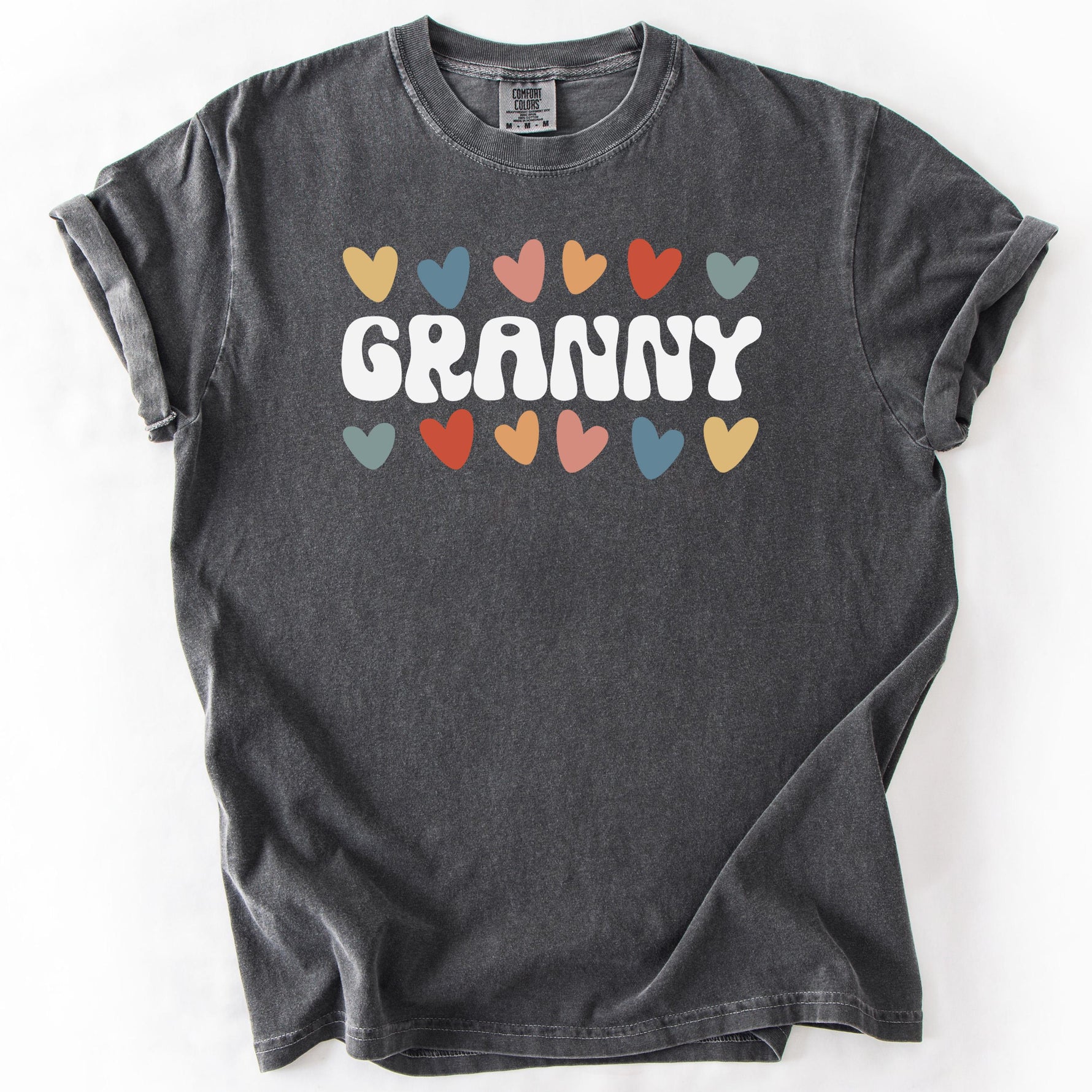 Gray t-shirt with GRANNY text and colorful heart accents.