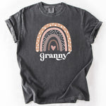 Gray, short-sleeve t-shirt with a rainbow graphic and Rainbow Granny text.