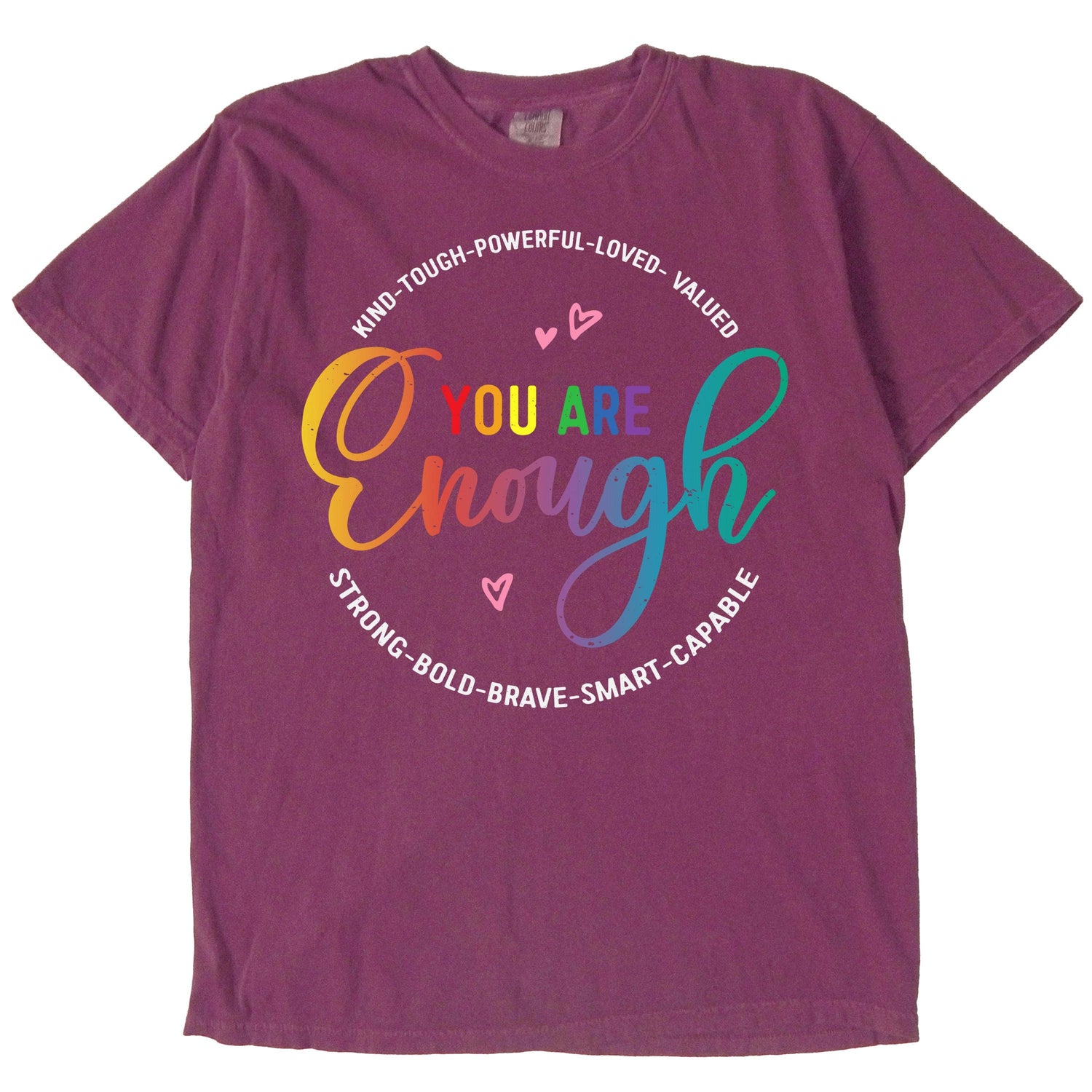 Purple graphic t-shirt with You Are Enough message.