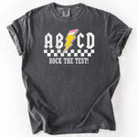 Gray graphic t-shirt with ABCD Rock the Test design.