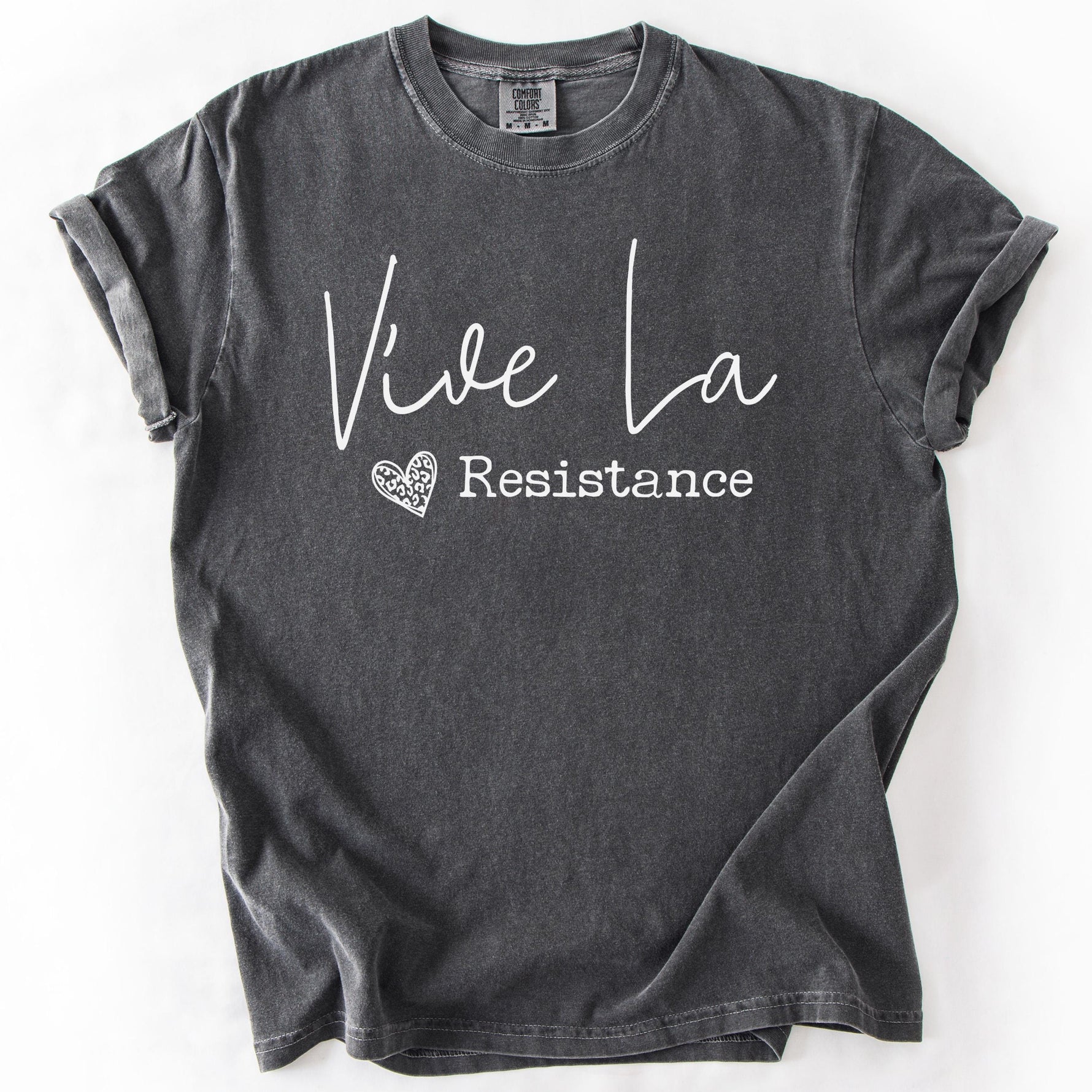 Grey graphic t-shirt with Vive La Resistance text design.