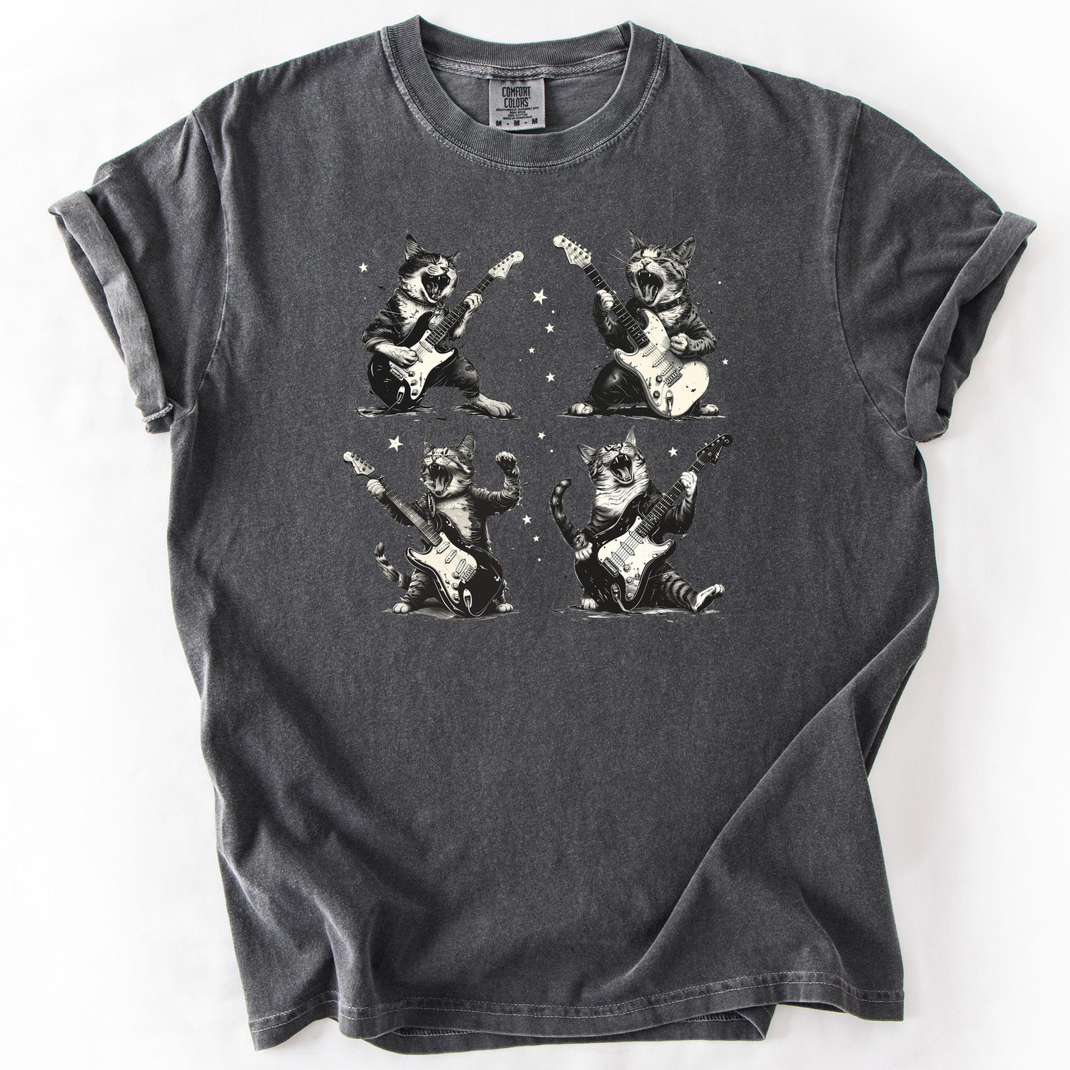 Gray graphic t-shirt featuring cats playing guitars.