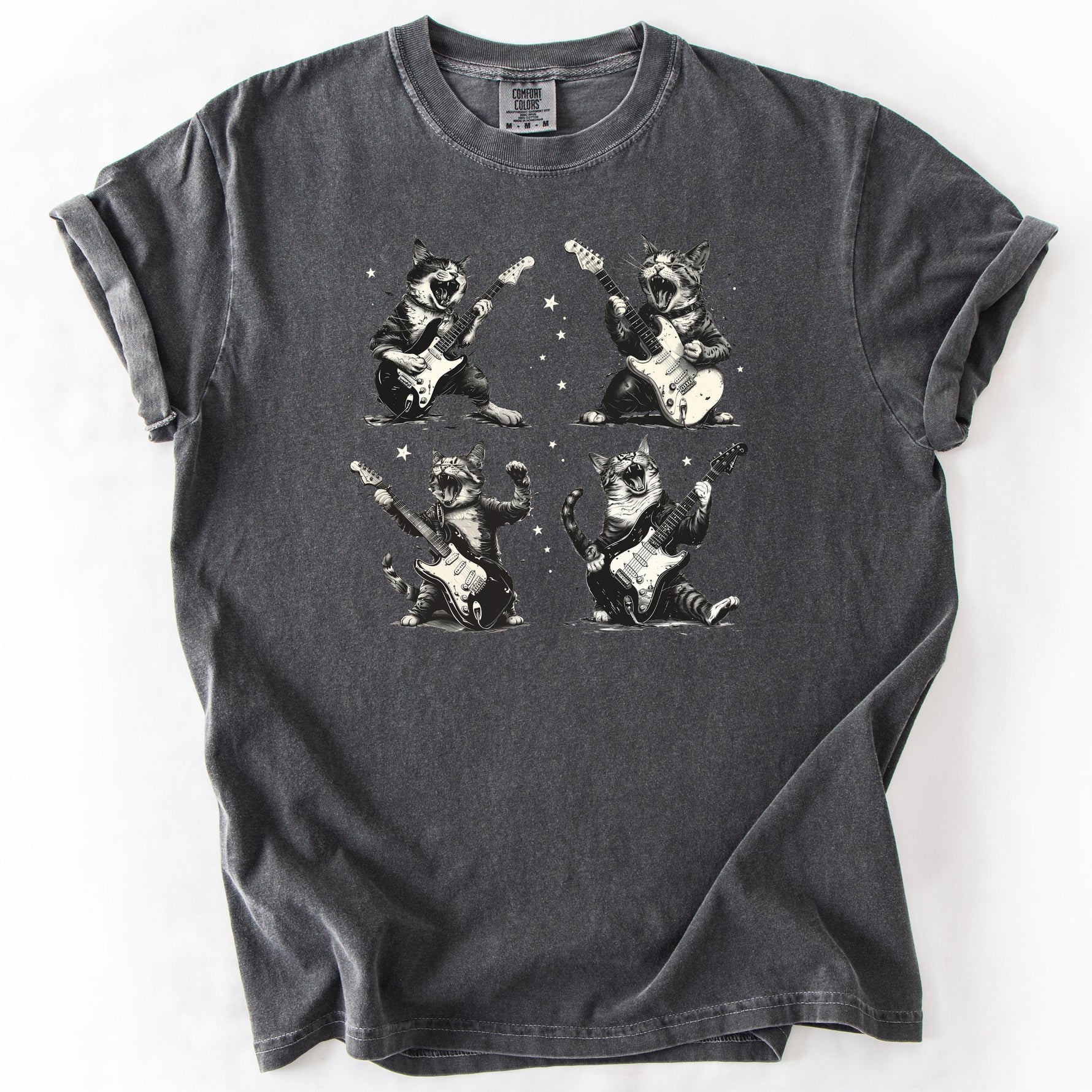 Gray graphic t-shirt featuring cats playing guitars.