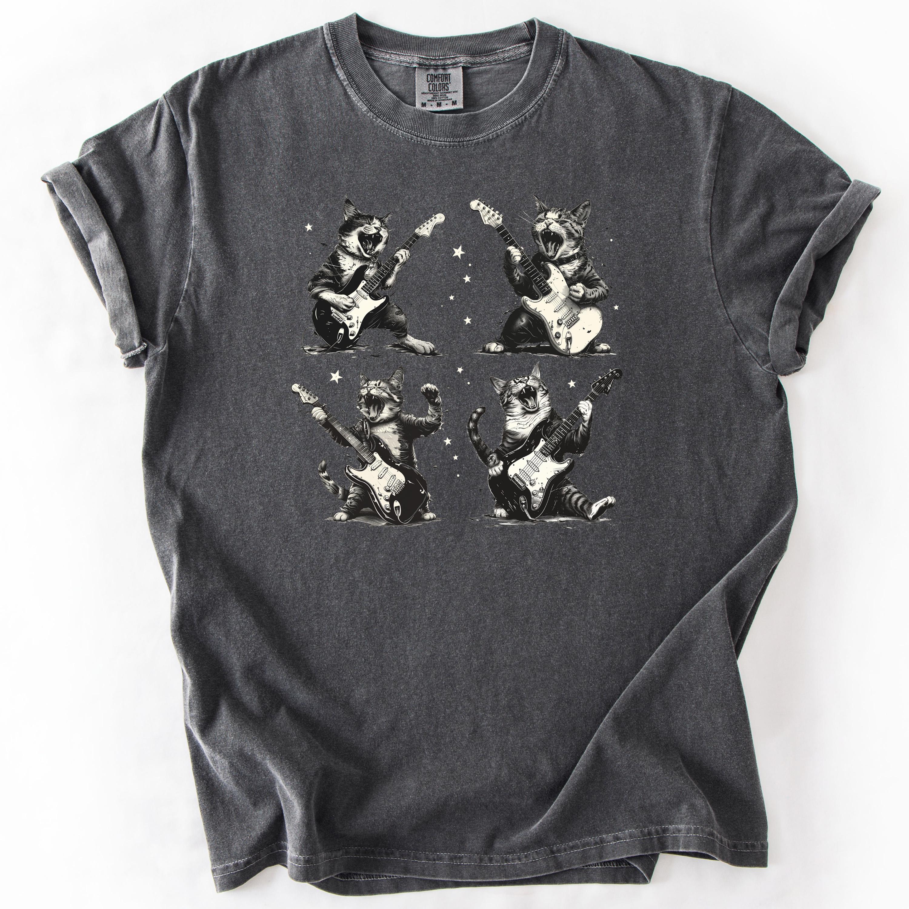 Gray graphic t-shirt featuring cats playing guitars.