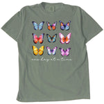 Olive green t-shirt with colorful butterfly graphic and text one day at a time.