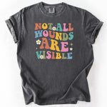 Charcoal gray t-shirt with colorful graphic text.