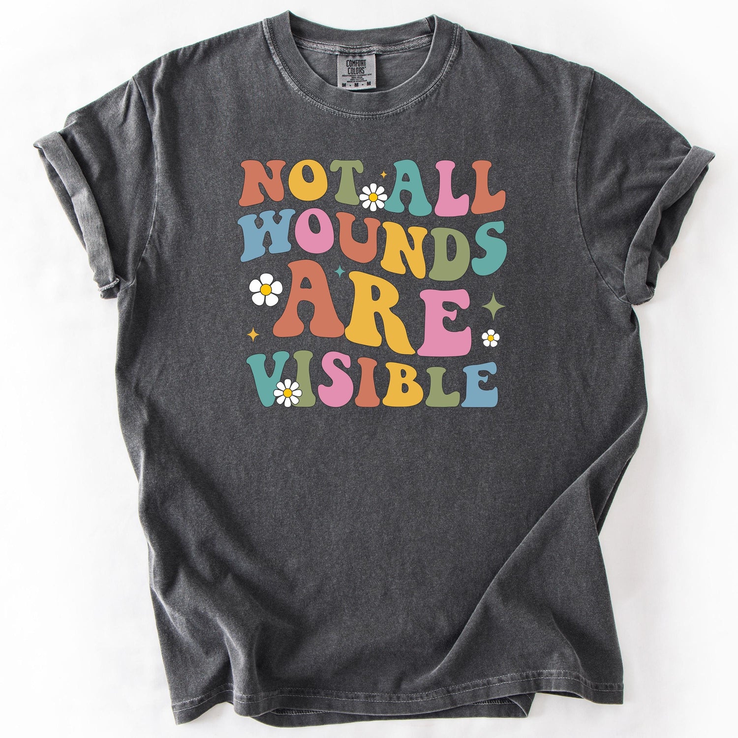 Charcoal gray t-shirt with colorful graphic text.