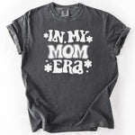Graphic gray t-shirt with IN MY MOM ERA text design.