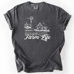 Charcoal gray, short-sleeve t-shirt with Farm Life graphic.