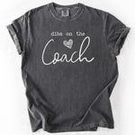Charcoal gray t-shirt with dibs on the Coach text.