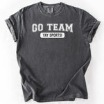 Charcoal gray, short-sleeve t-shirt with GO TEAM! YAY SPORTS! graphic.