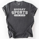 Charcoal gray, short-sleeve graphic t-shirt with Hooray Sports print.