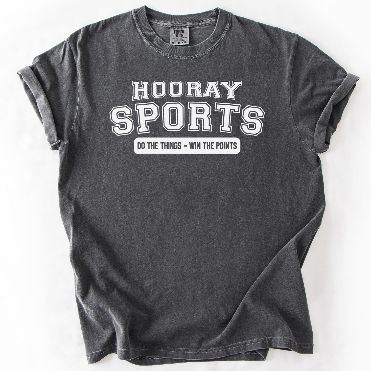 Charcoal gray, short-sleeve graphic t-shirt with Hooray Sports print.