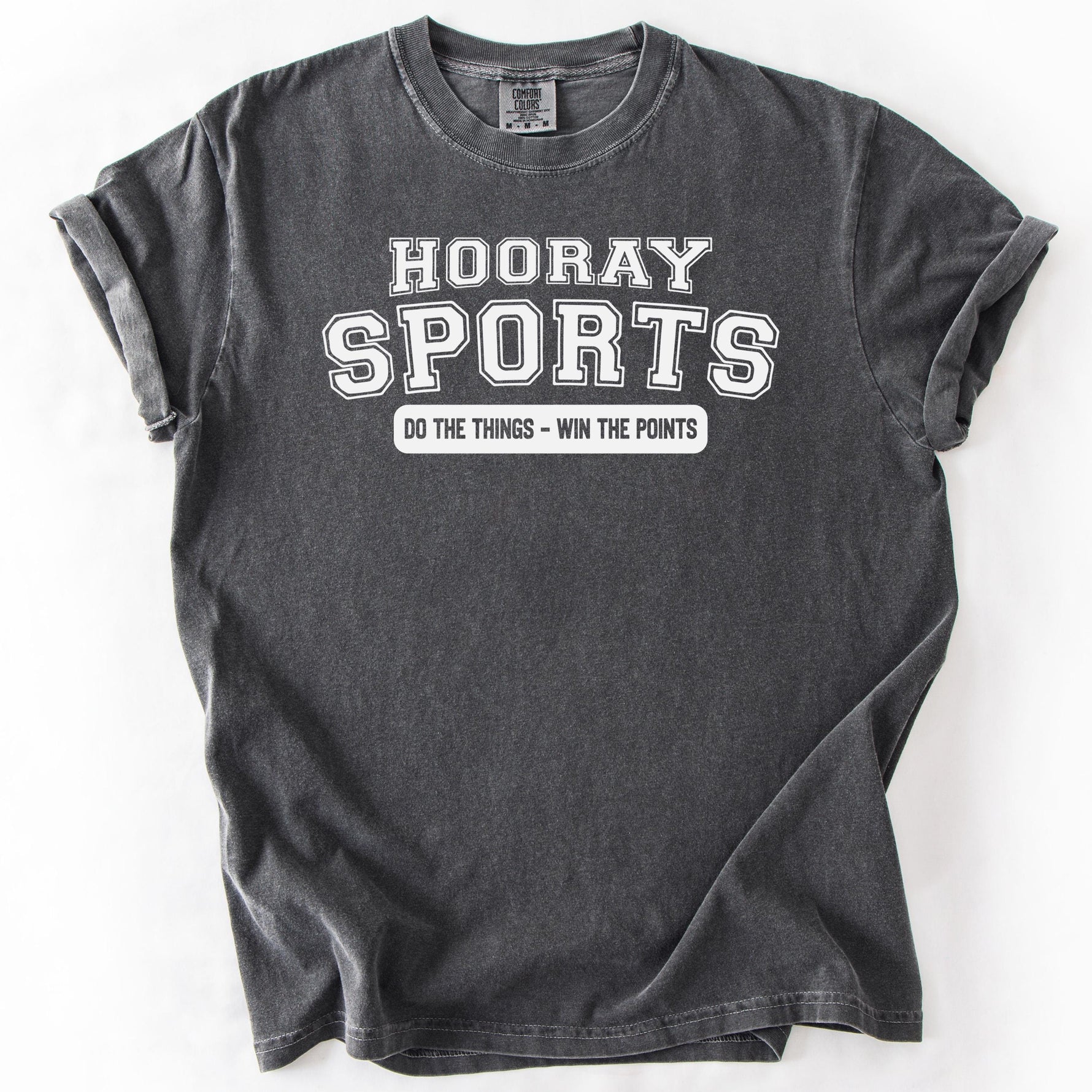 Charcoal gray, short-sleeve graphic t-shirt with Hooray Sports print.