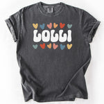 Dark gray t-shirt with LOLLI and colorful heart designs.