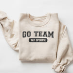 Light beige sweatshirt with GO TEAM YAY SPORTS! graphic print.