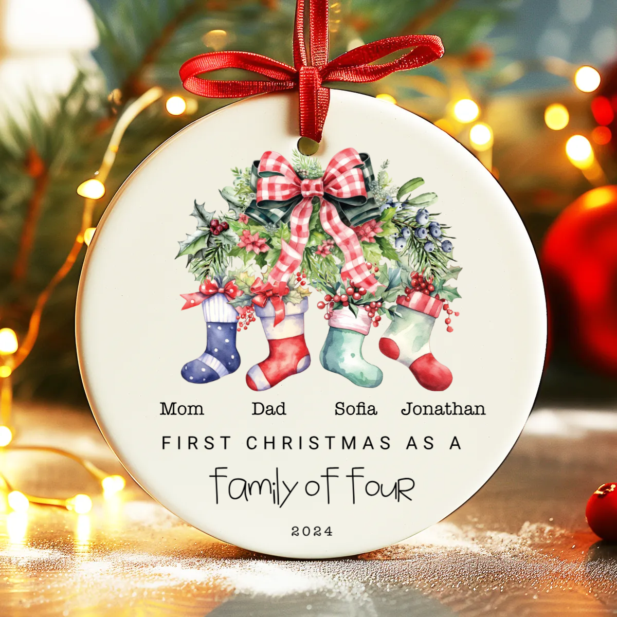 Family Stocking Three, Four, Five Ceramic Ornaments - Christmas Ornaments