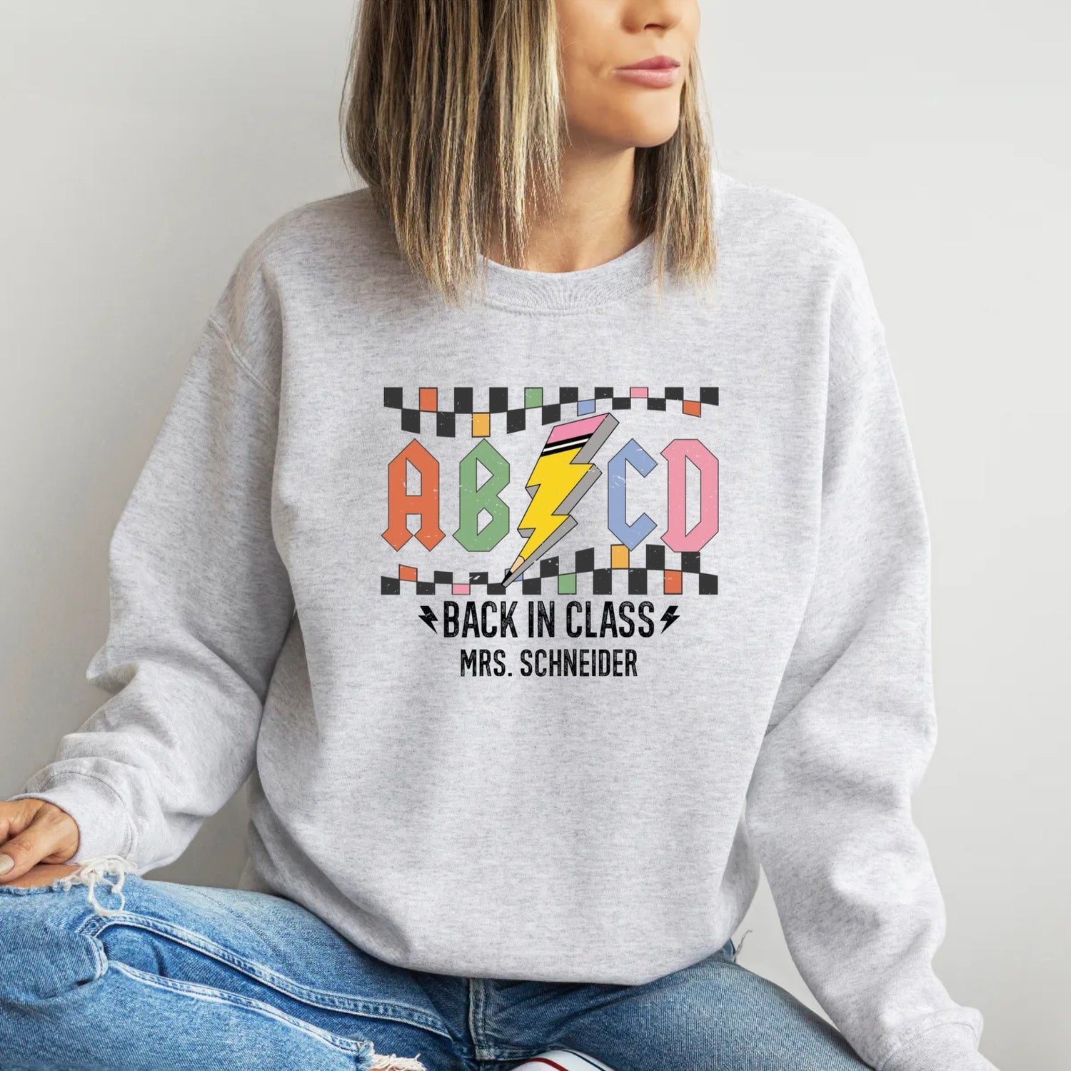 Custom Teacher Sweatshirt, Retro ABCD Teacher Name -  Sweatshirt