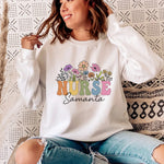 Personalized Nurse Sweatshirt, Retro Floral Nurse Name -  Sweatshirt Personalize Print