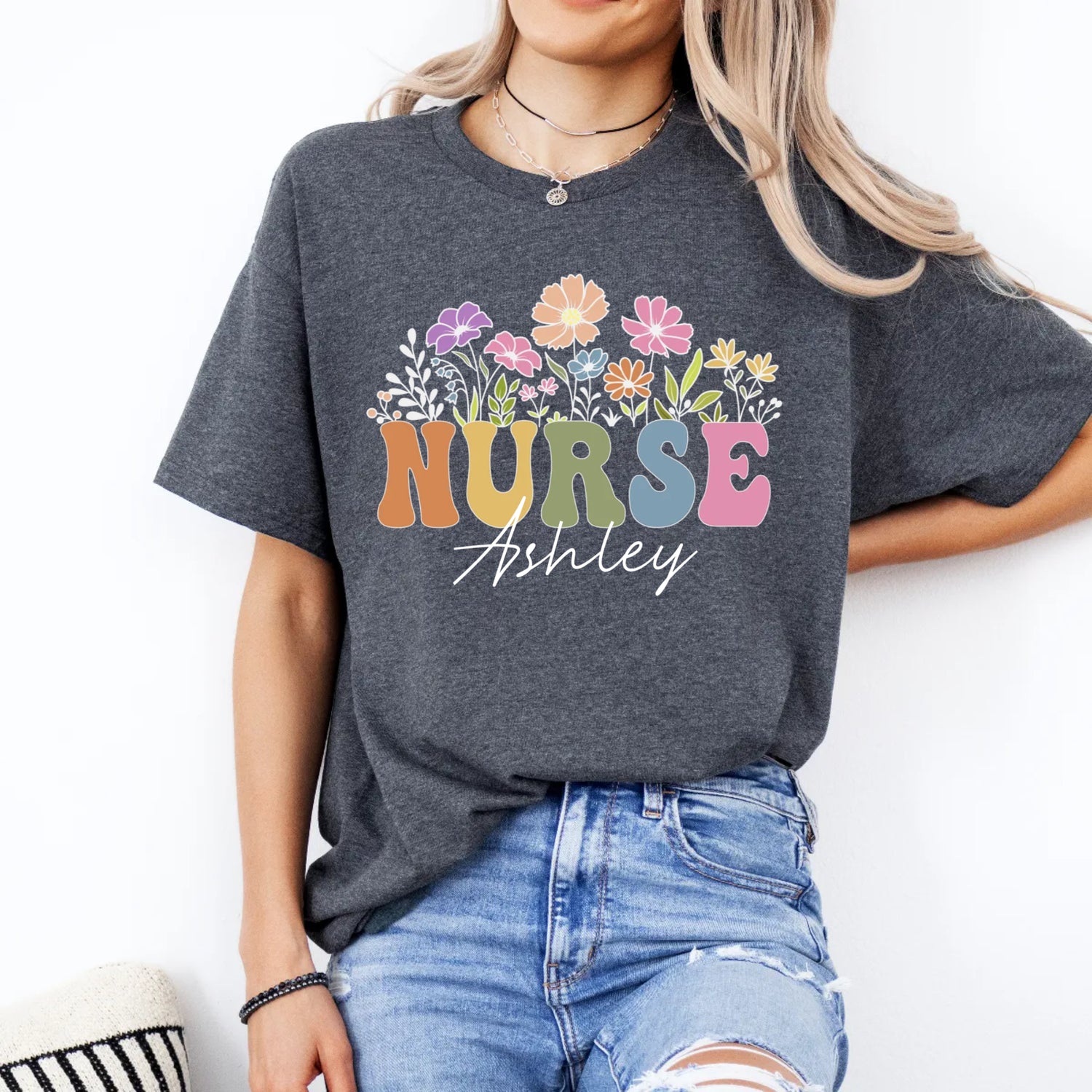 Custom Nurse Shirt, Retro Floral Nurse Name Shirt -  Unisex T-Shirt