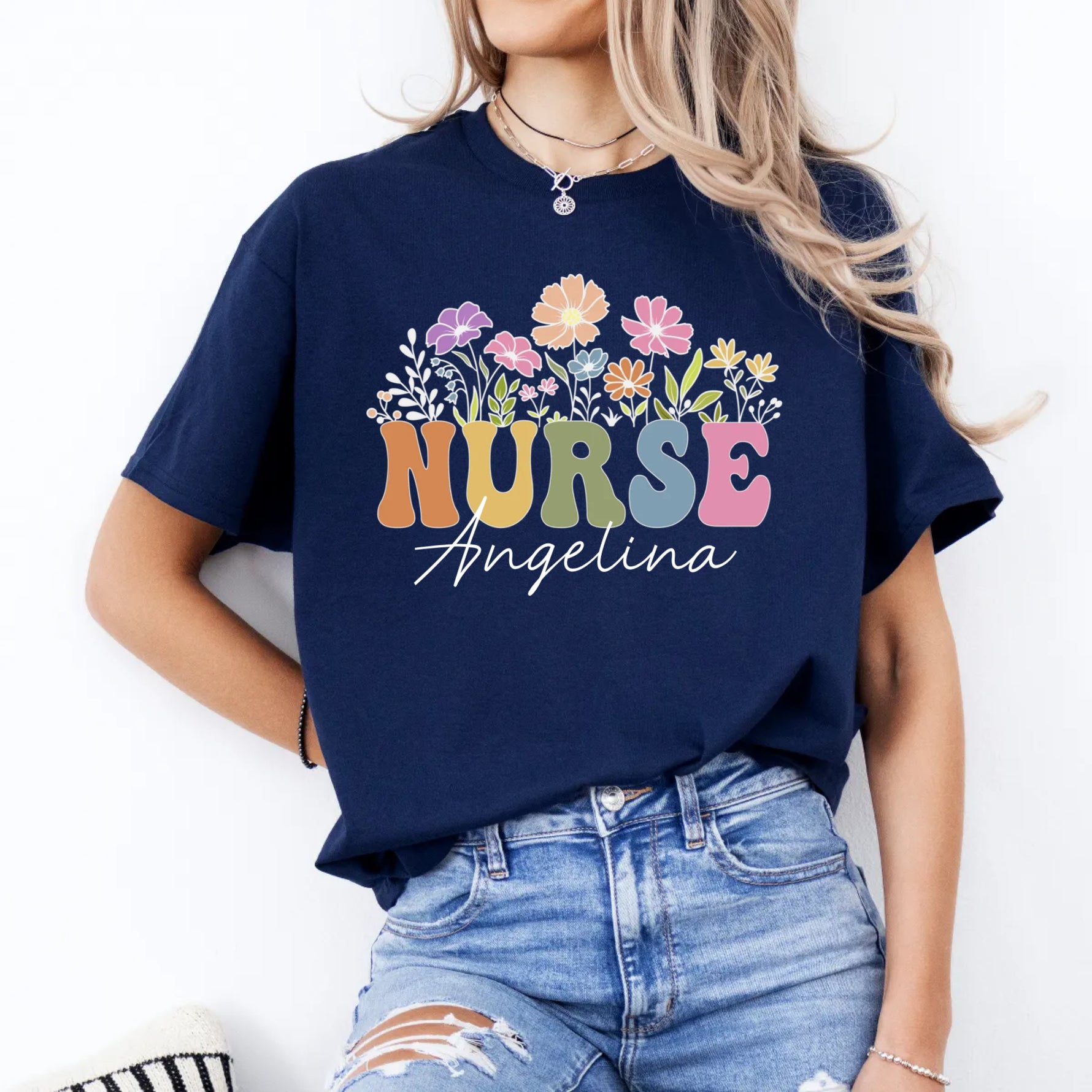 Custom Nurse Shirt, Retro Floral Nurse Name Shirt -  Unisex T-Shirt