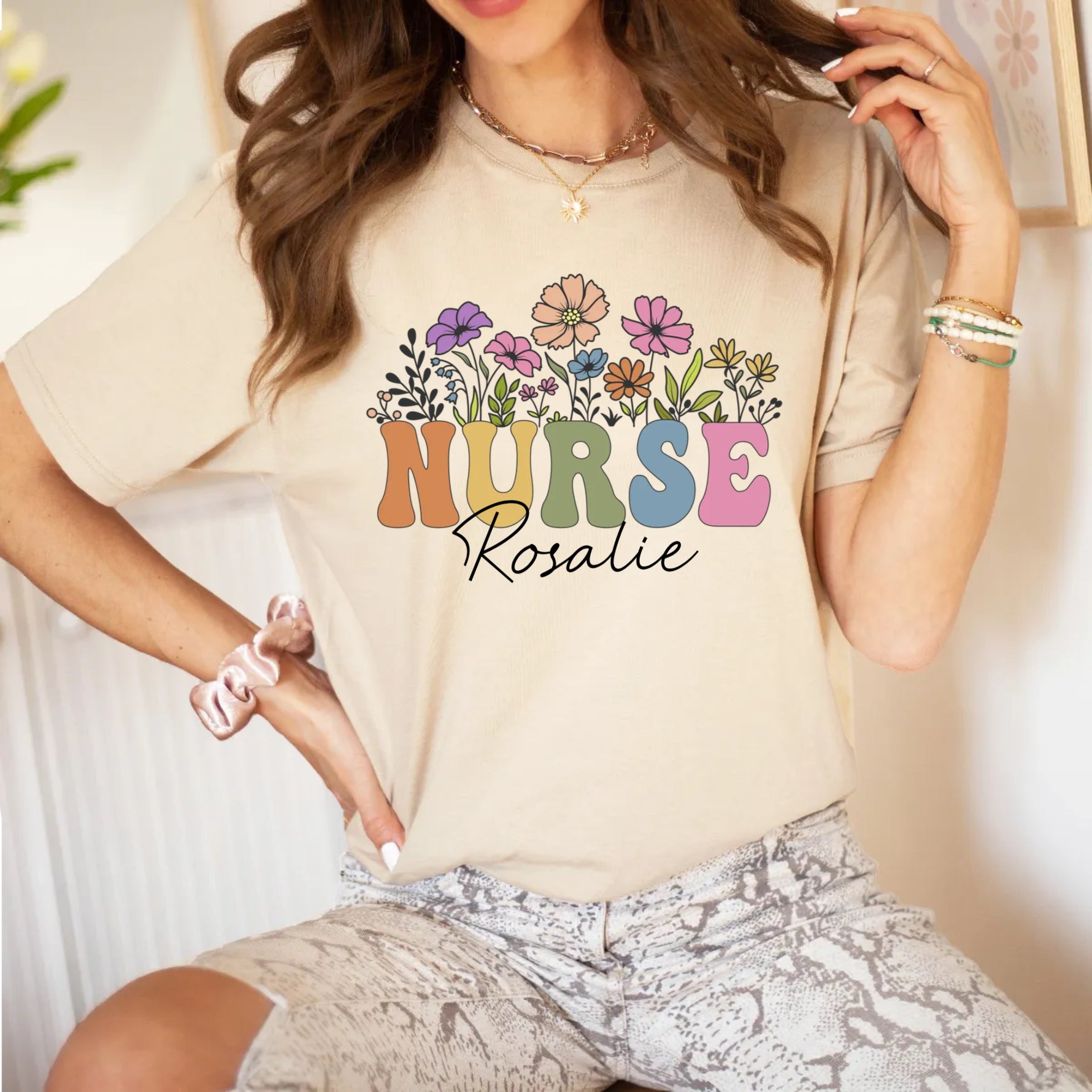 Custom Nurse Shirt, Retro Floral Nurse Name Shirt -  Unisex T-Shirt