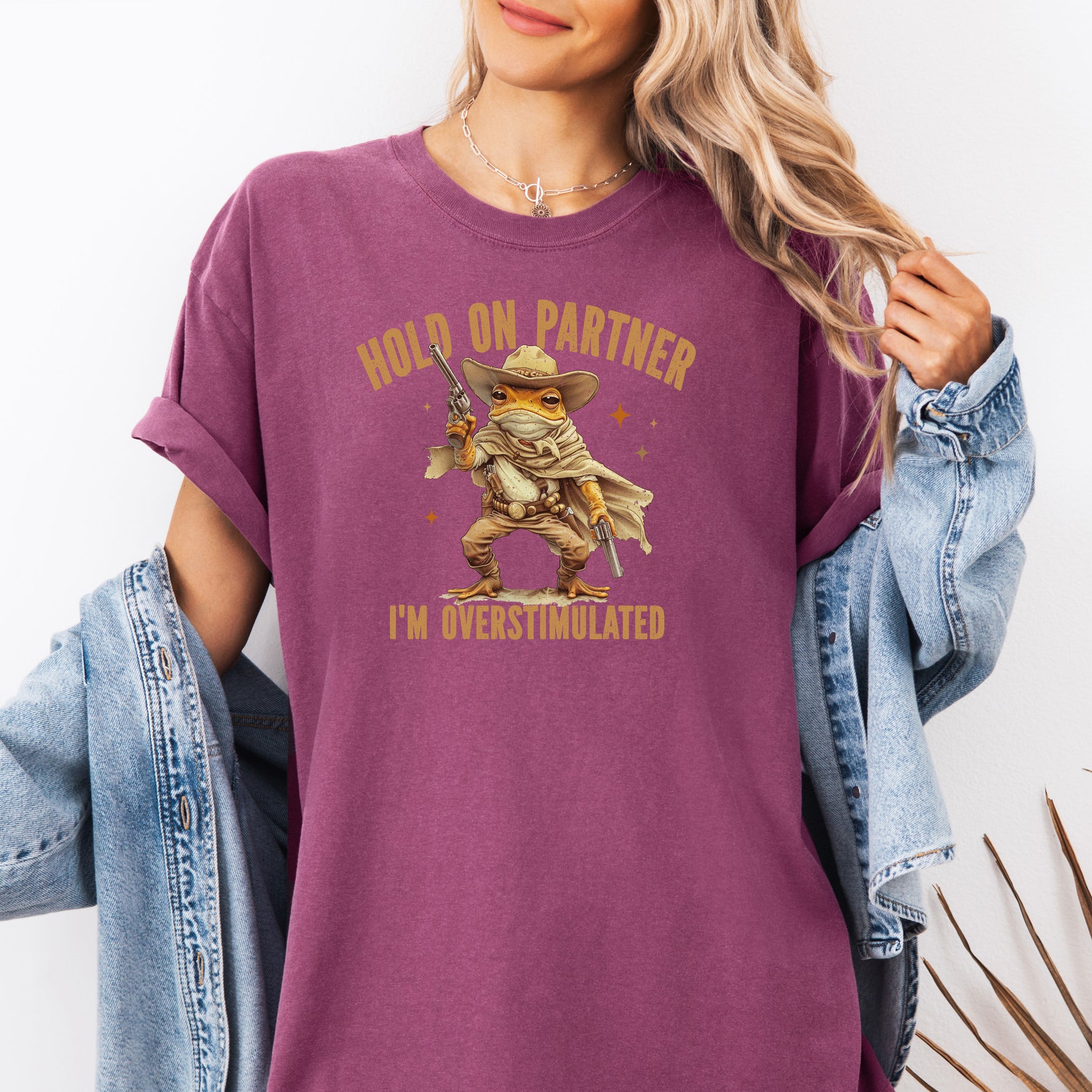 Hold On Partner I'm Overstimulated Shirt, Cowboy Frog Shirt -  T-Shirt