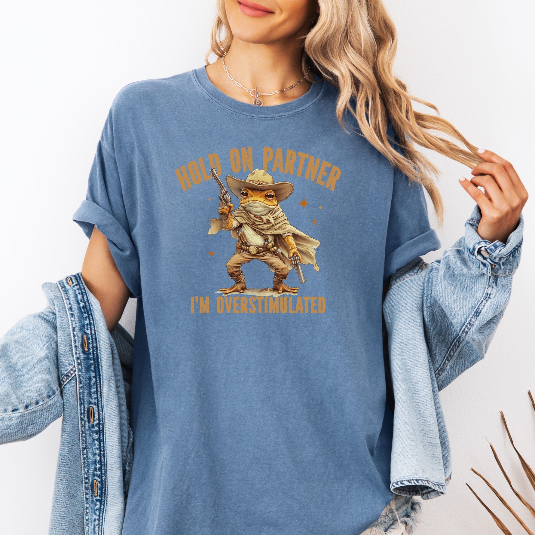 Hold On Partner I'm Overstimulated Shirt, Cowboy Frog Shirt -  T-Shirt