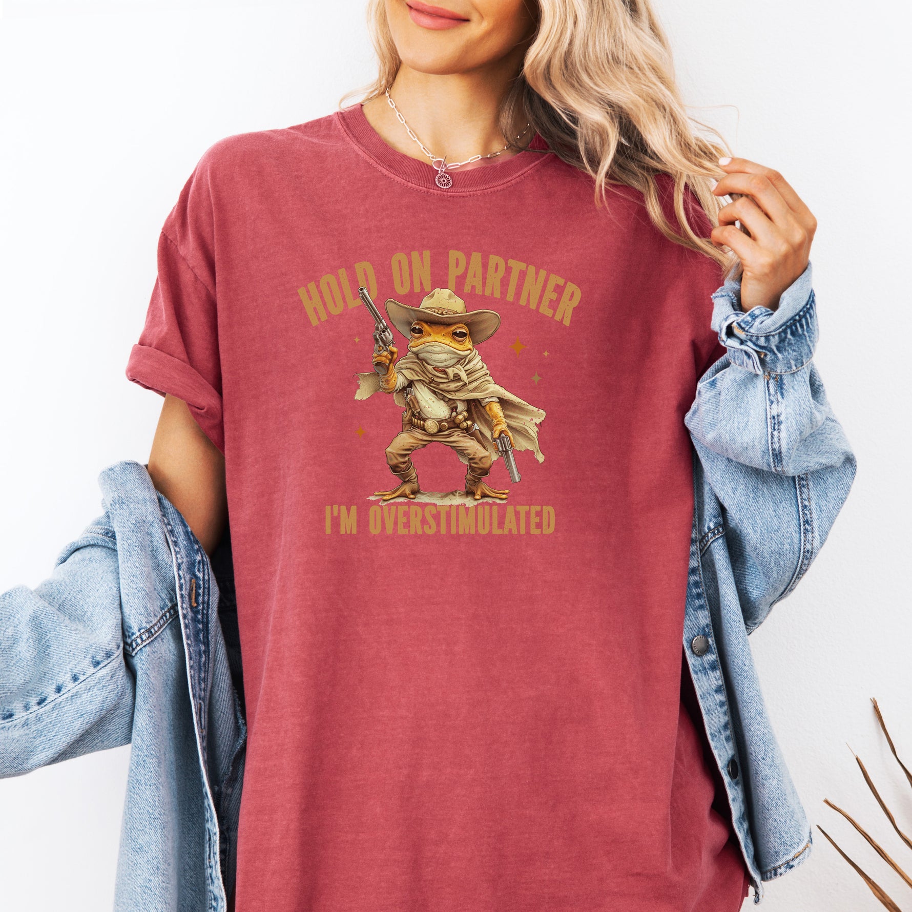 Hold On Partner I'm Overstimulated Shirt, Cowboy Frog Shirt -  T-Shirt