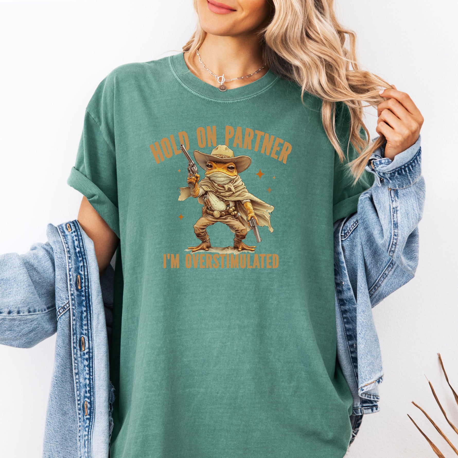 Hold On Partner I'm Overstimulated Shirt, Cowboy Frog Shirt -  T-Shirt