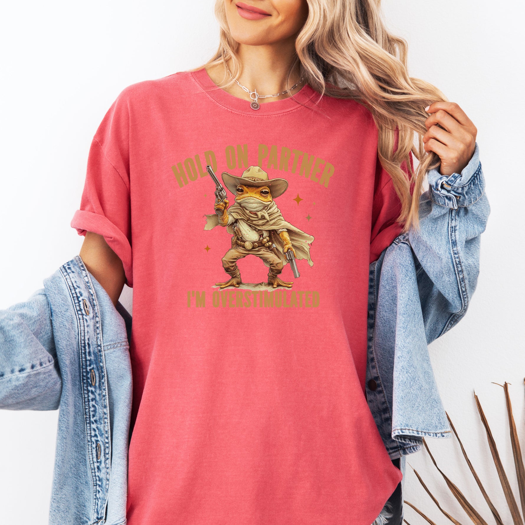 Hold On Partner I'm Overstimulated Shirt, Cowboy Frog Shirt -  T-Shirt