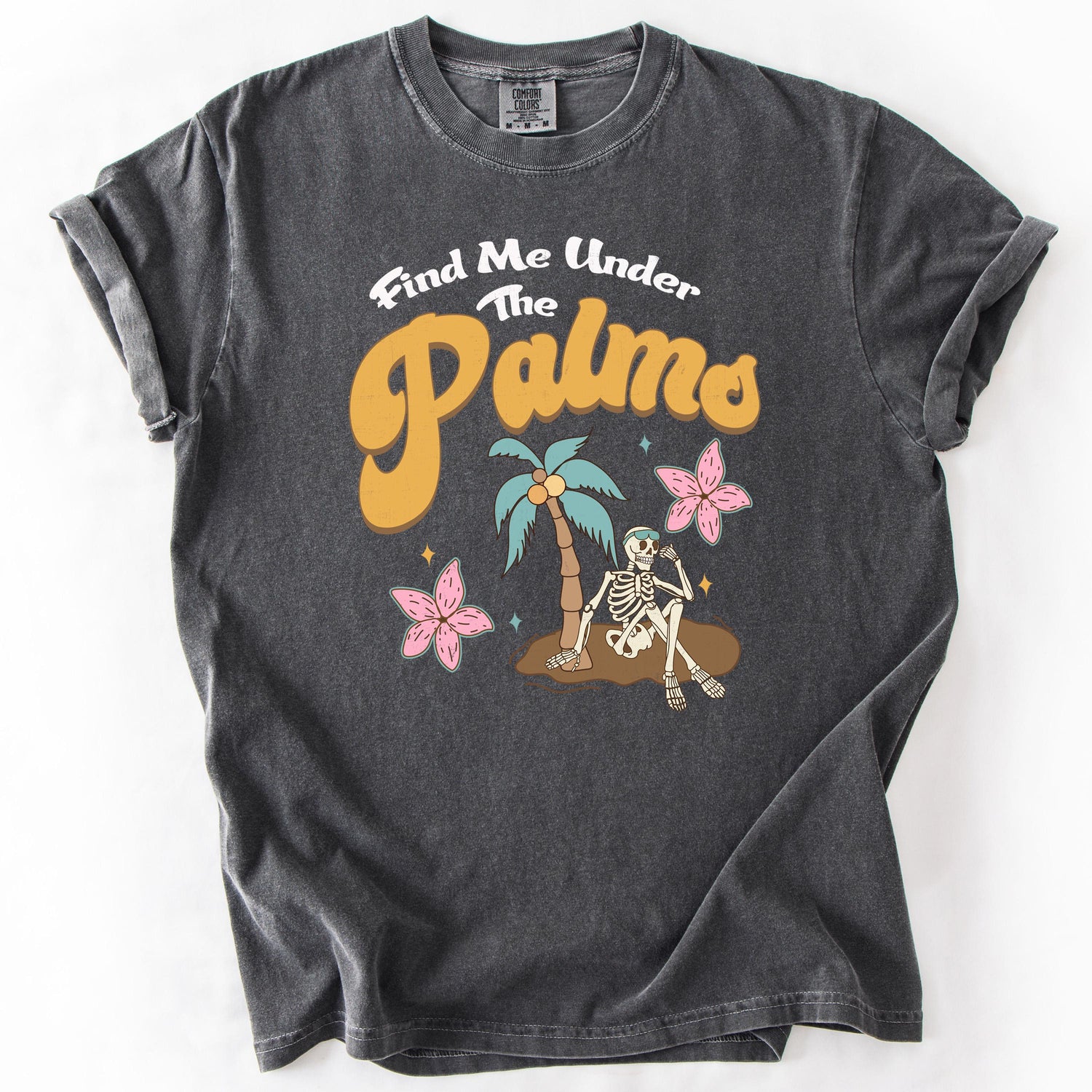 Gray, short-sleeve t-shirt with Find Me Under The Palms print.