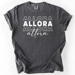 Gray graphic t-shirt with ALLORA text design. Personalize Print