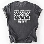 Charcoal gray t-shirt with Social Worker graphic text. Personalize Print