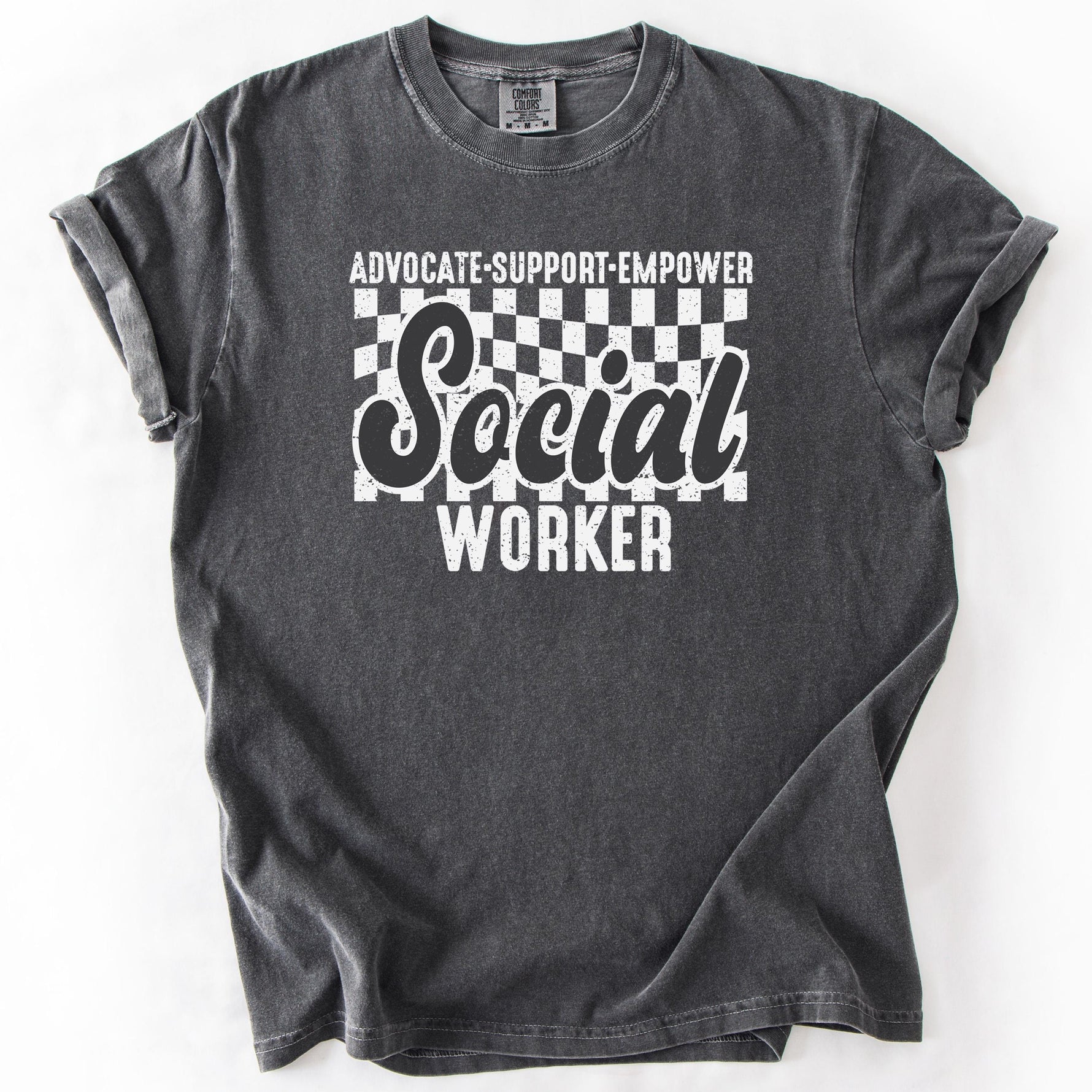 Charcoal gray t-shirt with Social Worker graphic text.