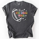 Charcoal gray t-shirt with colorful football graphic and slogan. Personalize Print