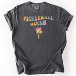 Dark gray, short-sleeve t-shirt with Pickleball Queen graphic. Personalize Print