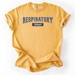 Mustard yellow, short-sleeve t-shirt with RESPIRATORY THERAPY print. Personalize Print