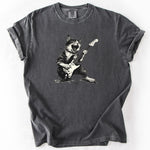 Graphic gray t-shirt featuring a cat playing guitar. Personalize Print