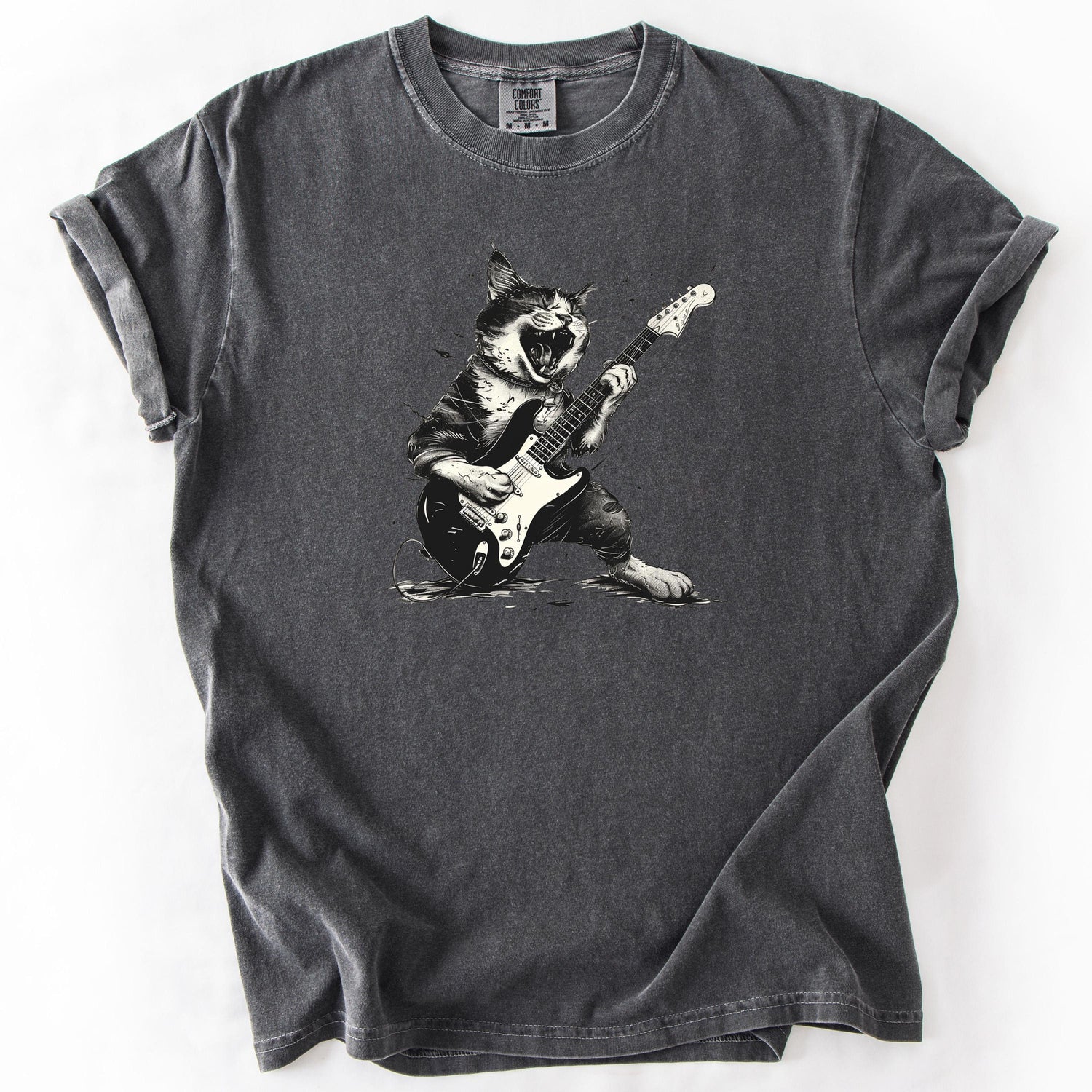 Graphic gray t-shirt featuring a cat playing guitar.