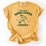 Mustard yellow t-shirt with horse graphic and text Just a Girl Who Loves Horses. Personalize Print