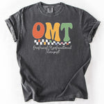 Gray, short-sleeve t-shirt with colorful OMT print and text. Personalize Print