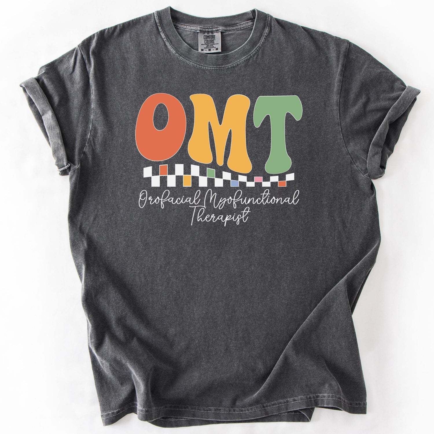 Gray, short-sleeve t-shirt with colorful OMT print and text.