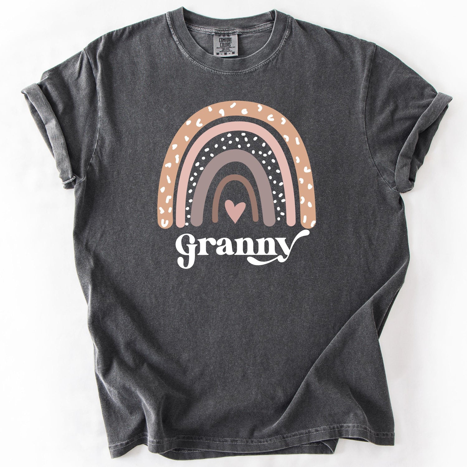 Gray, short-sleeve t-shirt with a rainbow graphic and Rainbow Granny text.